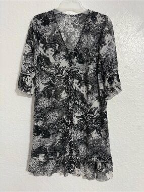 Women Black/White Abstract V-Neck 3/4 Sleeves  Cover Up Size M Button Down #561